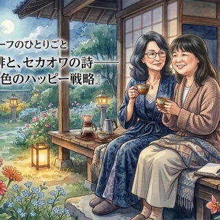 満月と灯籠が照らす夜のお庭で、最愛の人と肩を寄せ合って珈琲を味わうマダム舞のアイキャッチイラスト